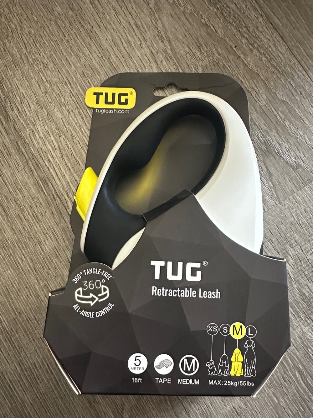 TUG Retractable Dog Leash - White and Black with Yellow Accent